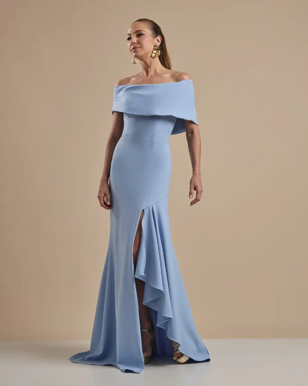 Vestido de Festa Longo Alfaiataria Ombro a Ombro com Babado Cascata Serenity