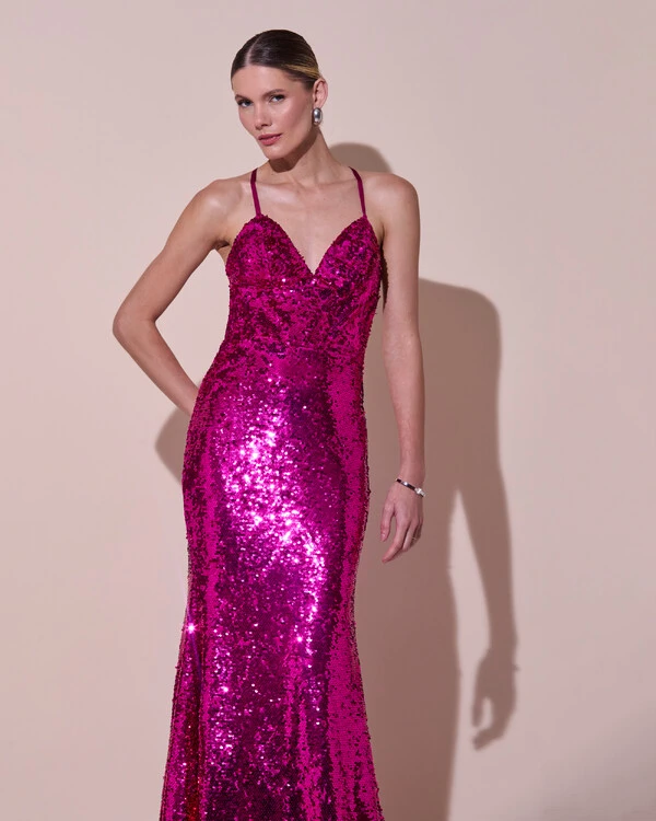 Vestido de Festa Longo Decote V Paetê Alças Finas Saia Sereia Pink