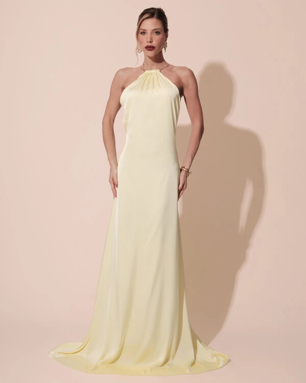 Vestido de Festa Longo Cetim Fluido com Argola Frente Única Amarelo Manteiga