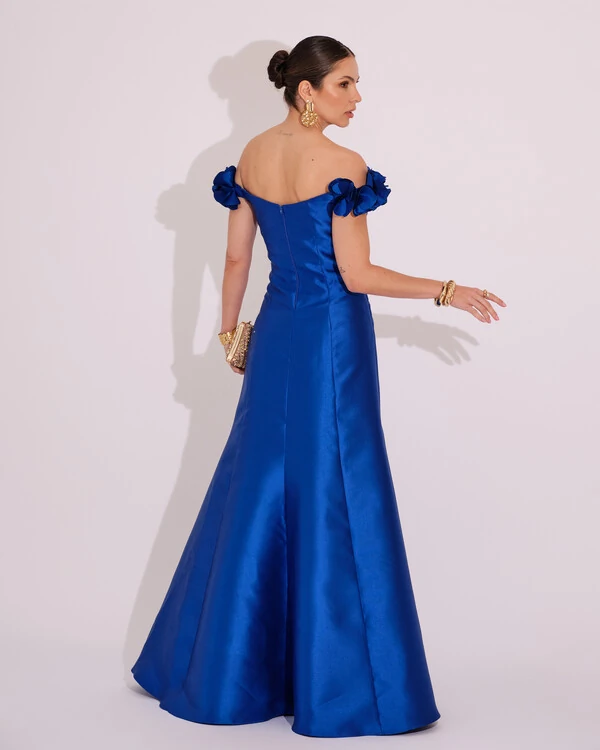 Vestido Longo de Festa Zibeline Ombro a Ombro com Flores e Fenda Azul Royal