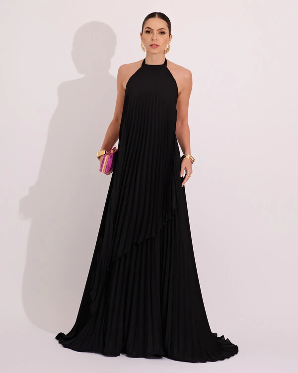Vestidos de Festa Longo Chiffon Fluido Frente Única Plissado Duplo Preto