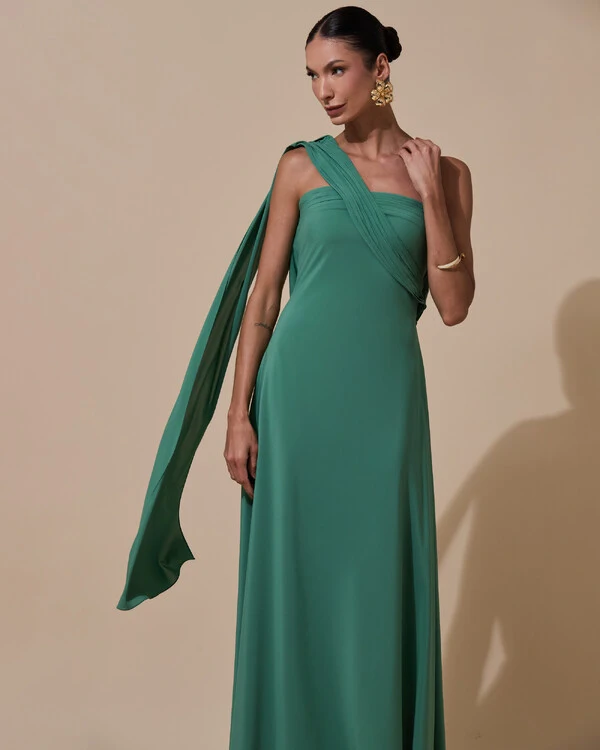 Vestido de festa Longo Tomara que Caia Crepe Chiffon Drapeado Lenço Verde Matcha Escuro