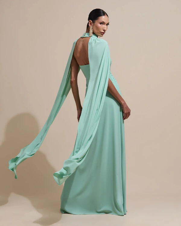 Vestido de Festa Longo Tomara Que Caia Crepe Chiffon Drapeado Capa Verde Menta