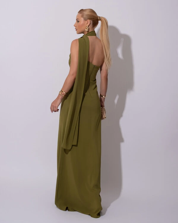 Vestido de Festa Longo Crepe Chiffon Um Ombro Só Drapeado Lenço Fixo Verde Oliva