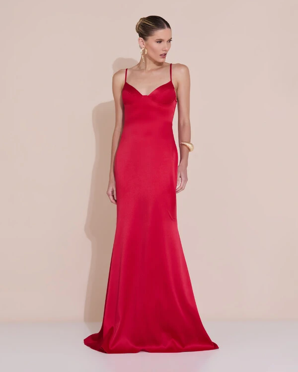 Vestido de Festa Longo Decote Coração Cetim Alfaiataria Trançado Costas Lenço Vermelho