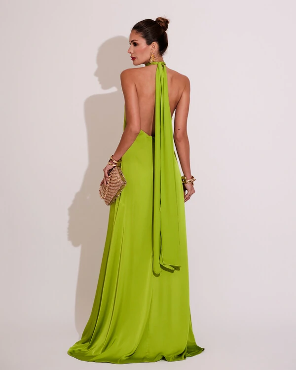 Vestido de Festa Gola Alta com Decote nas Costas Acetinado Verde Lima Escuro