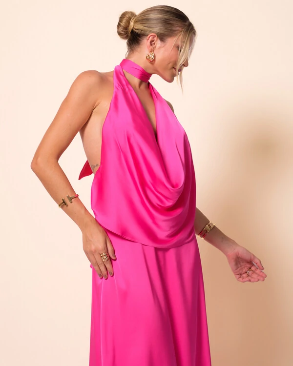 Vestido de Festa Longo Cetim Fluido Frente Única Degagê Mil Formas Pink New