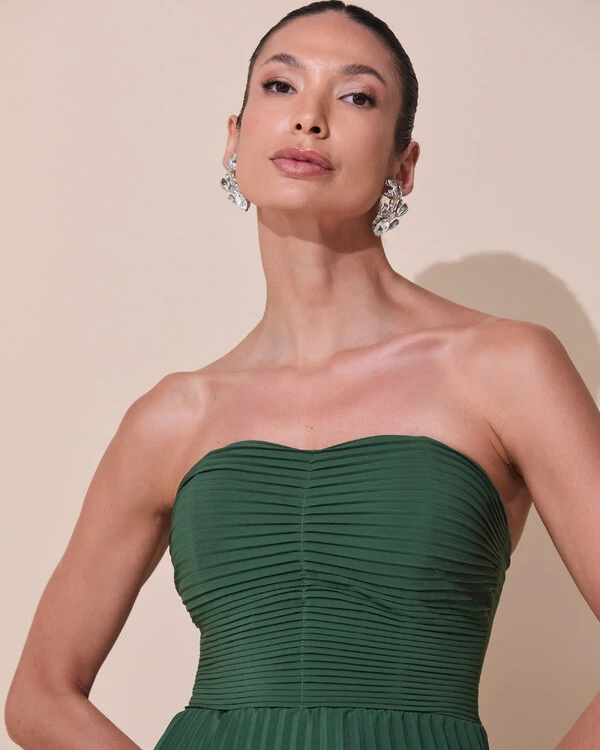 Vestido de Festa Longo Tomara que Caia Crepe Chiffon Plissado Camadas Verde Escuro New