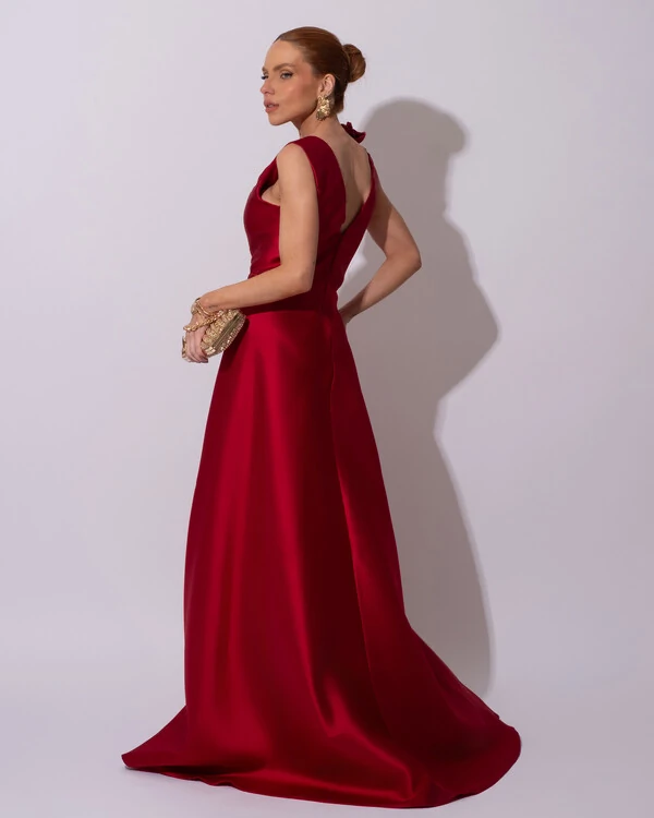 Vestido de Festa longo Zibeline Decote em V com Flores Removivel Marsala