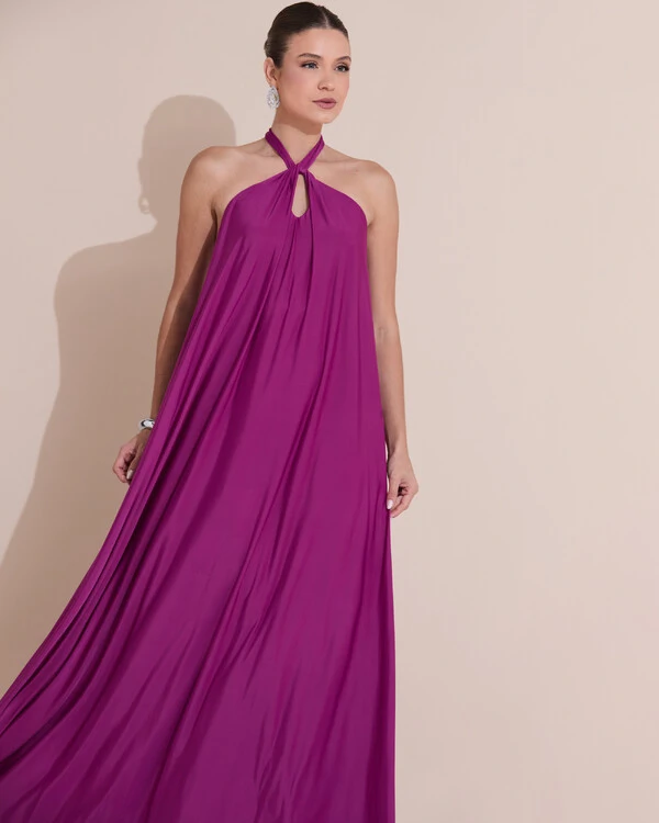 Vestido Longo com Amarração em Malha Fúcsia