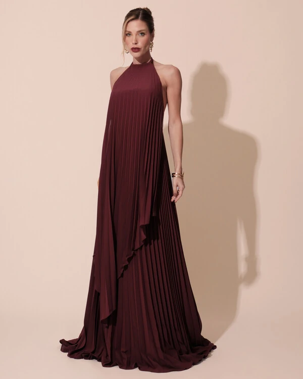 Vestidos de Festa Longo Chiffon Fluido Frente Única Plissado Duplo Marsala