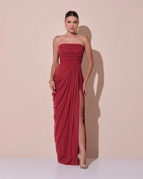Vestido De Festa Longo Tomara que Caia Tule Drapeado Fenda Terracota