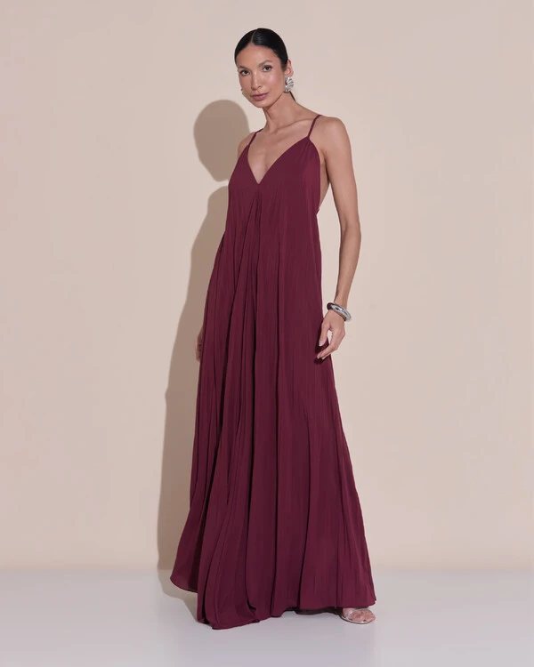 Vestido de Festa Longo Plissado Crepe Chiffon Decote V Alças Finas Marsala