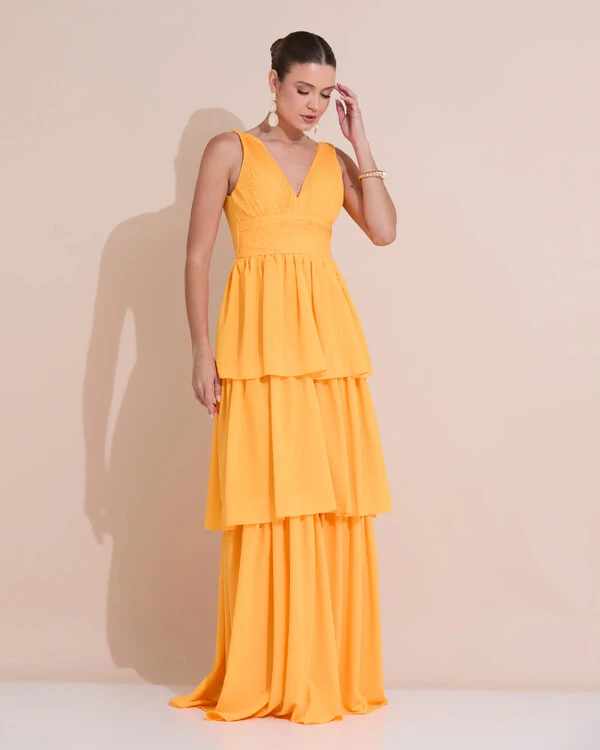 Vestido de Festa Longo Decote V Crepe Chiffon Plissado Camadas Babado Laranja Manga New