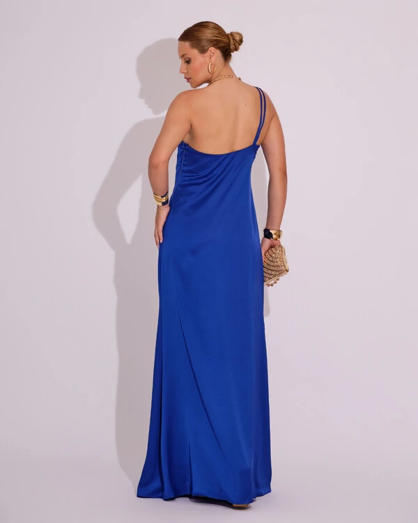 Vestido de Festa Longo em Cetim Fluido um Ombro Só Azul Royal