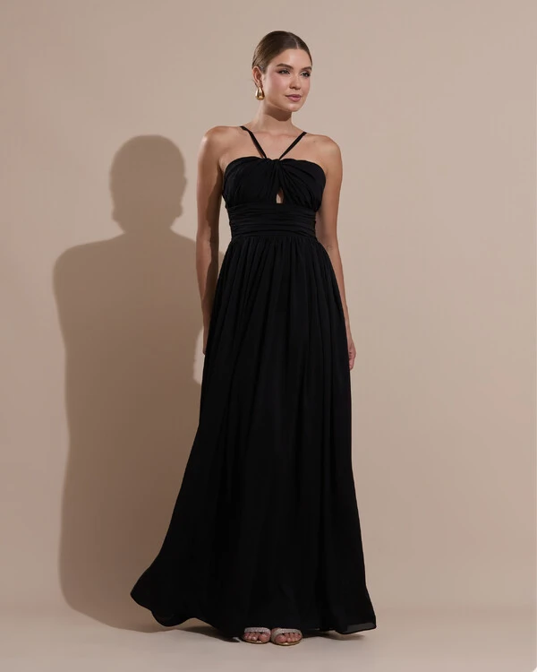 Vestido de Festa Longo Crepe Chiffon Drapeado com Alças Finas Preto