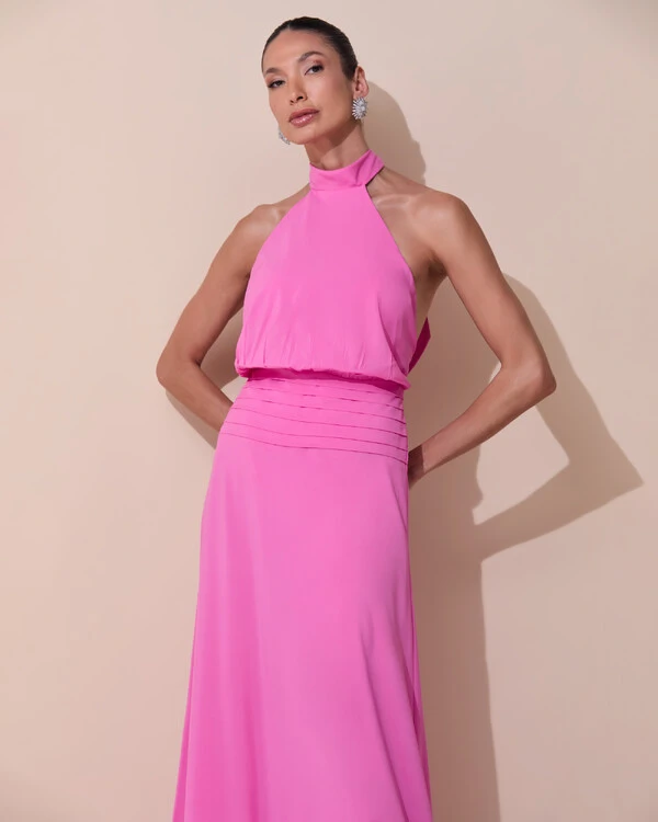 Vestido de Festa Longo Frente Única Busto Blousê Crepe Chiffon Drapeado Rosa New