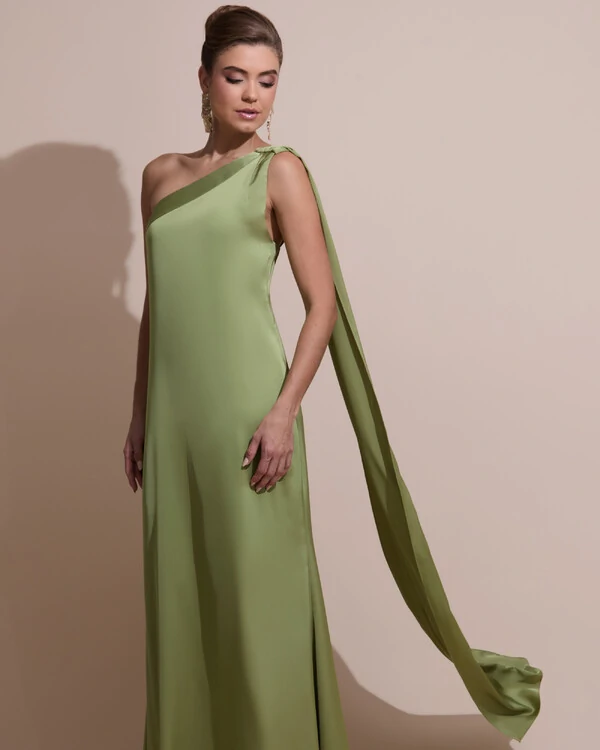 Vestido de Festa Longo Cetim Fluido Um Ombro Só Verde Pistache