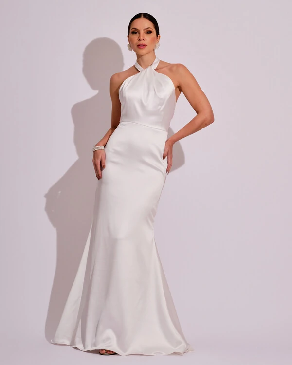 Vestido de Festa Longo em Cetim Alfaiataria com Elastano Frente Única Branco