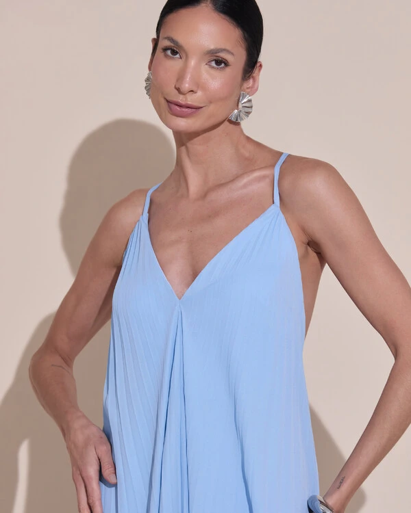Vestido de Festa Longo Plissado Crepe Chiffon Decote V Alças Finas Serenity