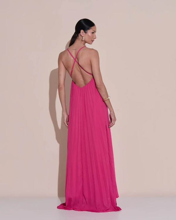 Vestido de Festa Longo Plissado Crepe Chiffon Decote V Alças Finas Pink Escuro