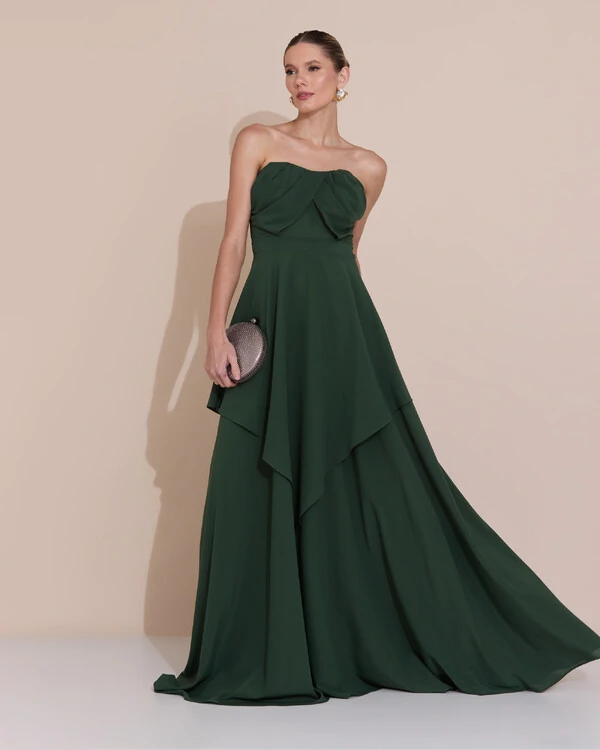 Vestido de Festa Longo Tomara que Caia Crepe Chiffon Drapeado Camadas Verde Escuro New
