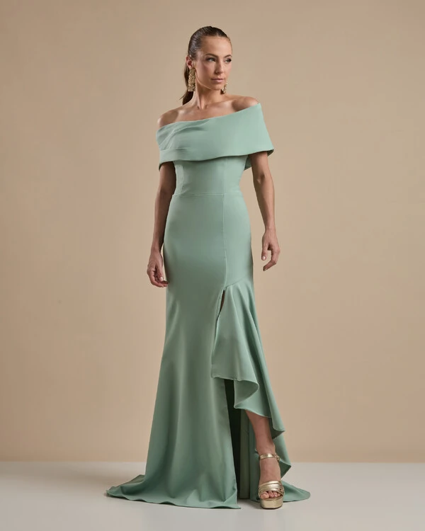 Vestido de Festa Longo Alfaiataria Ombro a Ombro com Babado Cascata Verde Menta