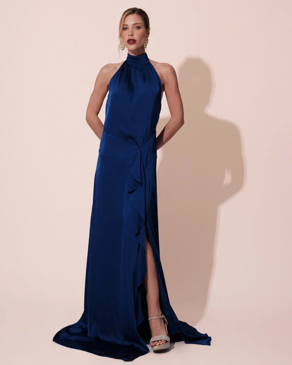 Vestido Longo de Festa Cetim Fluido Gola Alta e Babado Cascata Azul Royal New