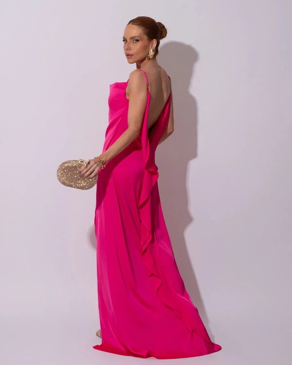 Vestido de Festa Longo Babado Costas Cetim Fluido e Fenda Pink