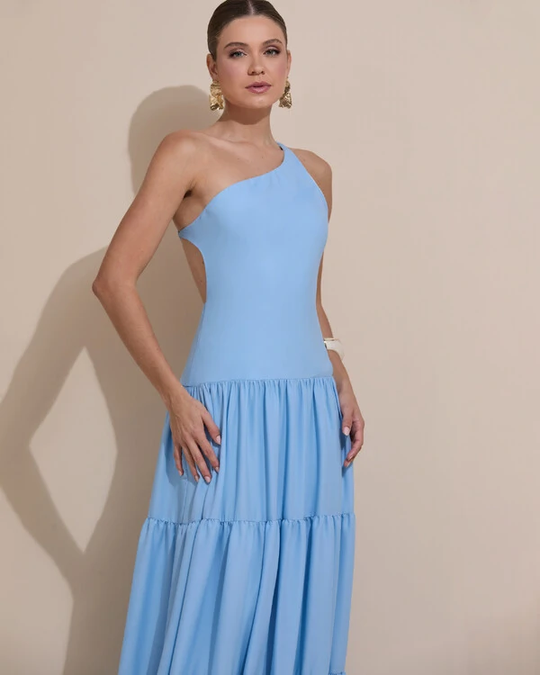 Vestido de Festa Longo Um ombro Só Crepe Chiffon Saia Fluida Serenity