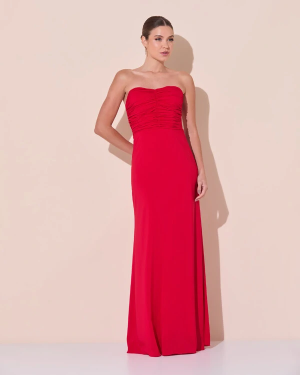 Vestido de Festa Longo Ombro a Ombro Plissado Crepe Chiffon Capa Flor 3D Vermelho