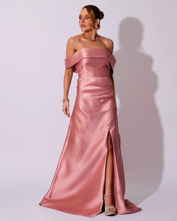 Vestido de Festa Longo Zibeline Ombro a Ombro Drapeado e Fenda Rose
