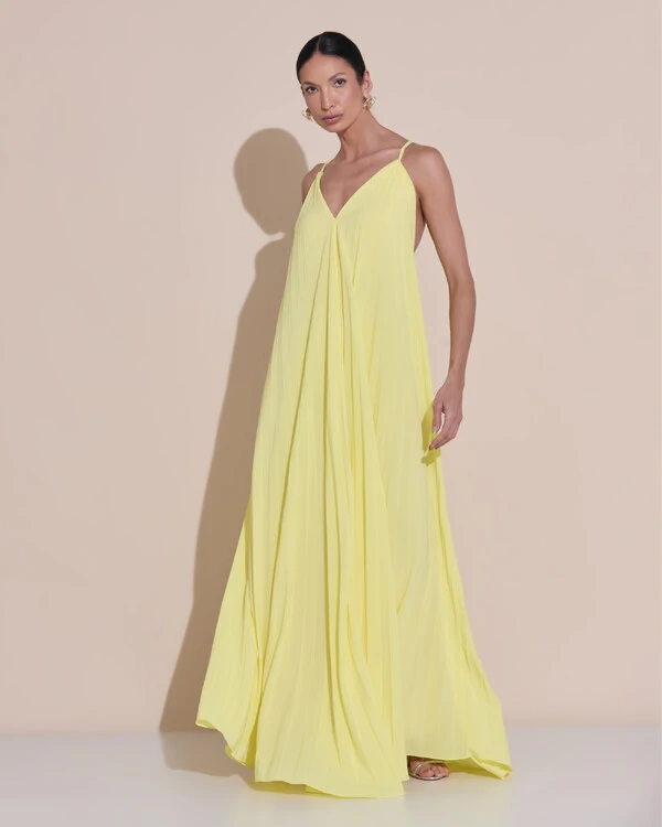 Vestido de Festa Longo Plissado Crepe Chiffon Decote V Alças Finas Amarelo Manteiga