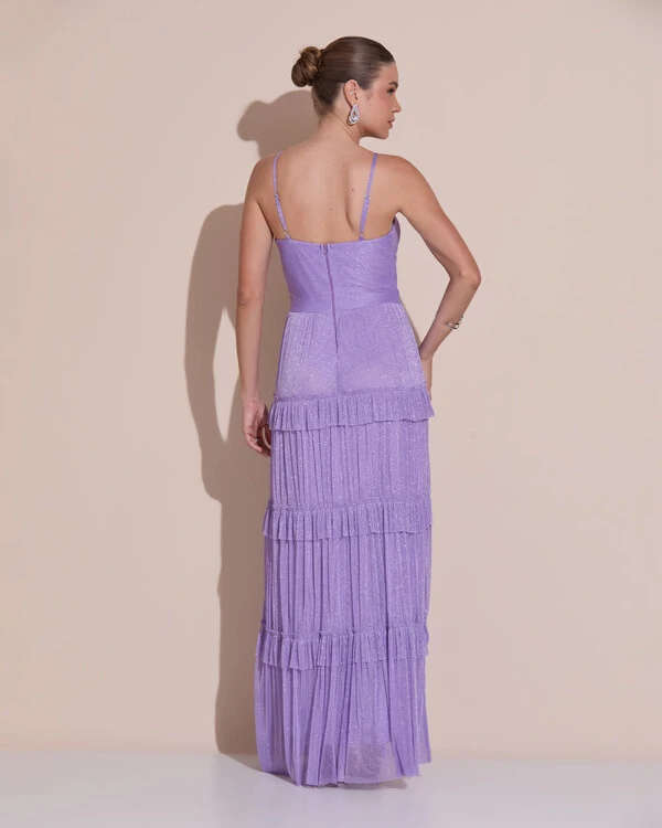 Vestido de Festa Longo Tule com Saia Babado Lilás