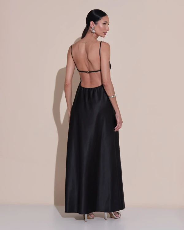 Vestido de Festa Midi Fivela Costas Cetim Preto