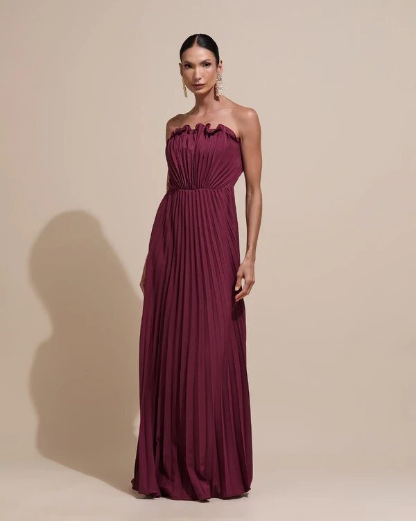 Vestido de Festa Longo Tomara que Caia Plissado Detalhe Marsala