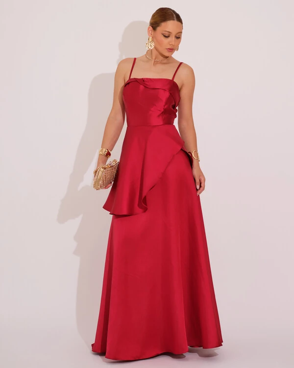 Vestido de Festa Zibeline Tomara que Caia com Recortes e Camadas Marsala