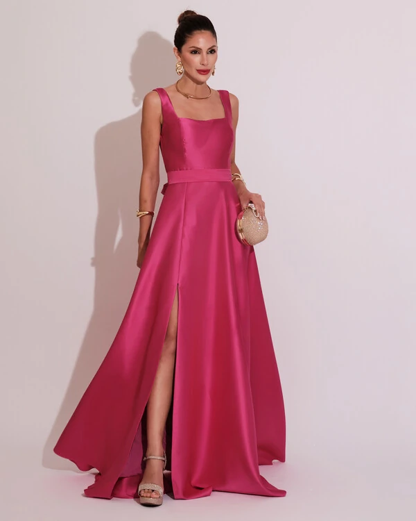 Vestido de Festa Longo Zibeline com Fenda e Faixa Pink