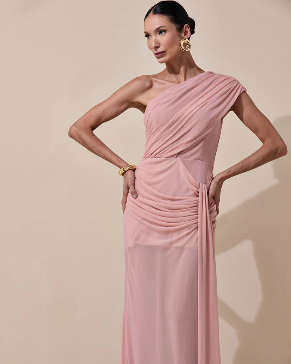 Vestido de Festa Longo Um Ombro Só Tule Drapeado Faixa Rose