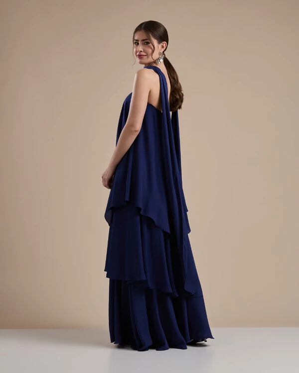 Vestido de Festa Longo Chiffon Crepe em Camadas com Lenço Azul Marinho
