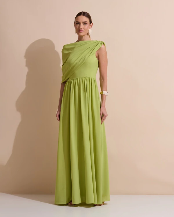 Vestido de Festa Longo Um Ombro Só Crepe Chiffon Capa Drapeado Verde Garden
