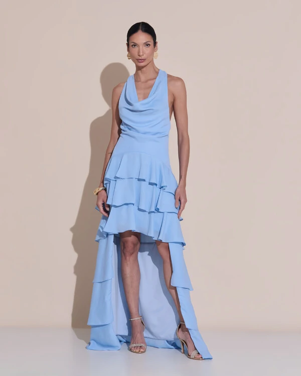 Vestido De Festa Longo Frente Única Degagê Crepe Chiffon Babados Mullet Serenity