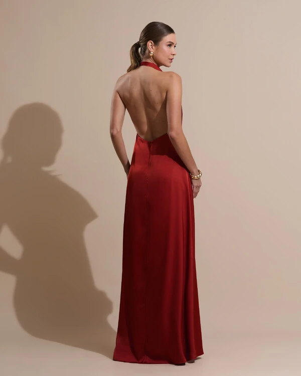 Vestido de Festa Longo Frente Única Degagê Cetim Fluido Terracota
