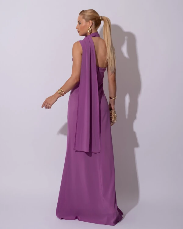 Vestido de Festa Longo Crepe Chiffon Um Ombro Só Drapeado Lenço Fixo Fúcsia