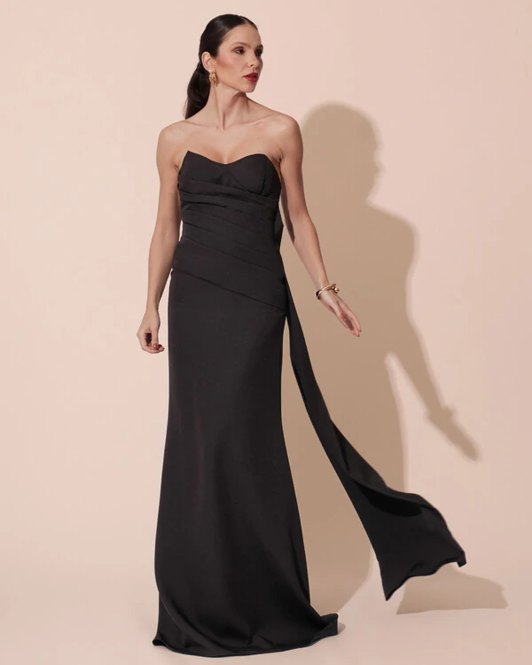 Vestido de Festa Longo Alfaiataria Tomara que Caia Drapeado Faixa Preto