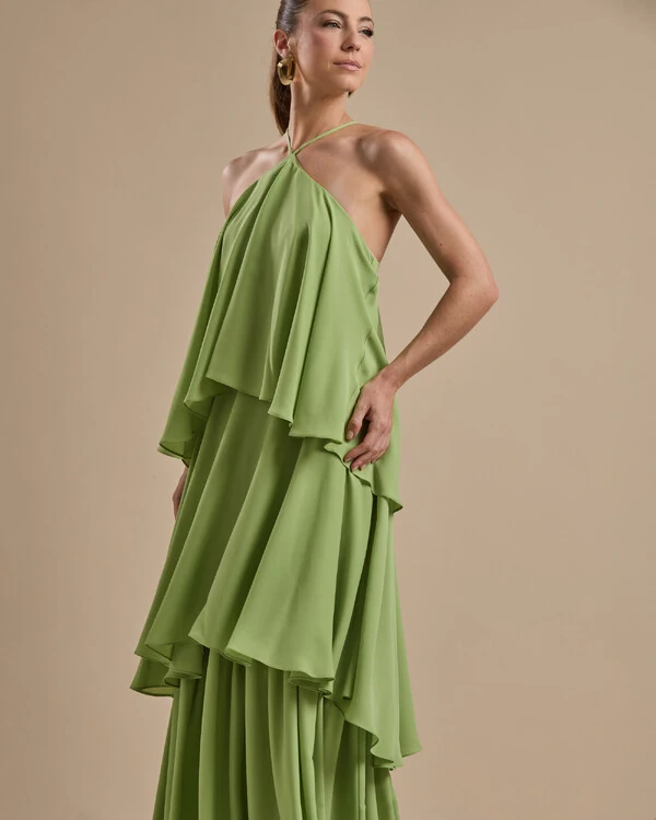 Vestido Longo Babado em Camadas Verde Garden