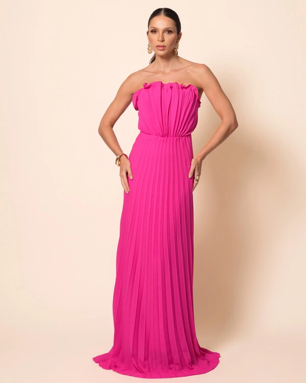 Vestido de Festa Longo Tomara que Caia Plissado Detalhe Pink