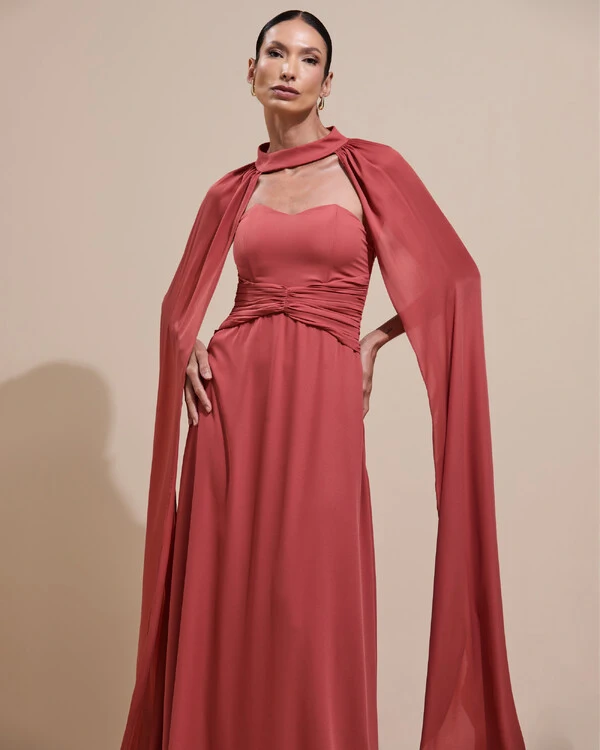 Vestido de Festa Longo Tomara Que Caia Crepe Chiffon Drapeado Capa Terracota