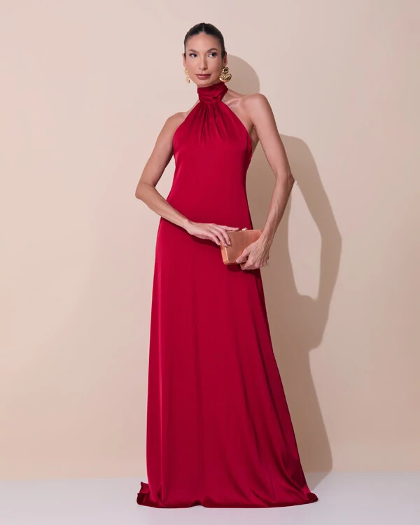 Vestido de Festa Gola Alta com Decote nas Costas Acetinado Marsala