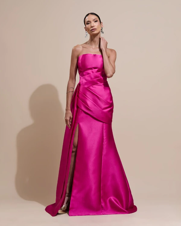Vestido de Festa Longo Tomara que Caia Zibeline Drapeado e Faixa Pink